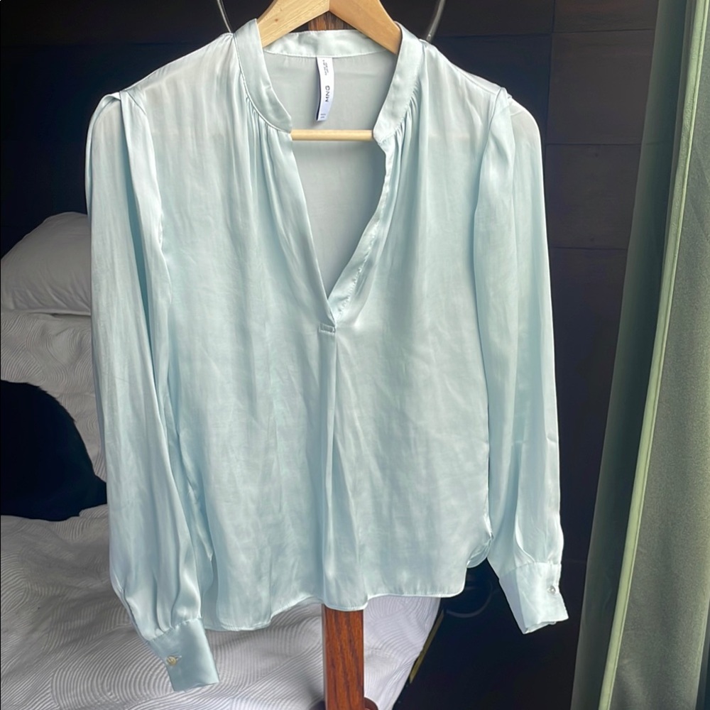 Mango Blue Relaxed Buttoned Blouse with Mandarin Collar
